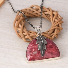 Branch Leaf Sterling Silver Necklace 16'' Chain Boho Pendant With Pink Thulite