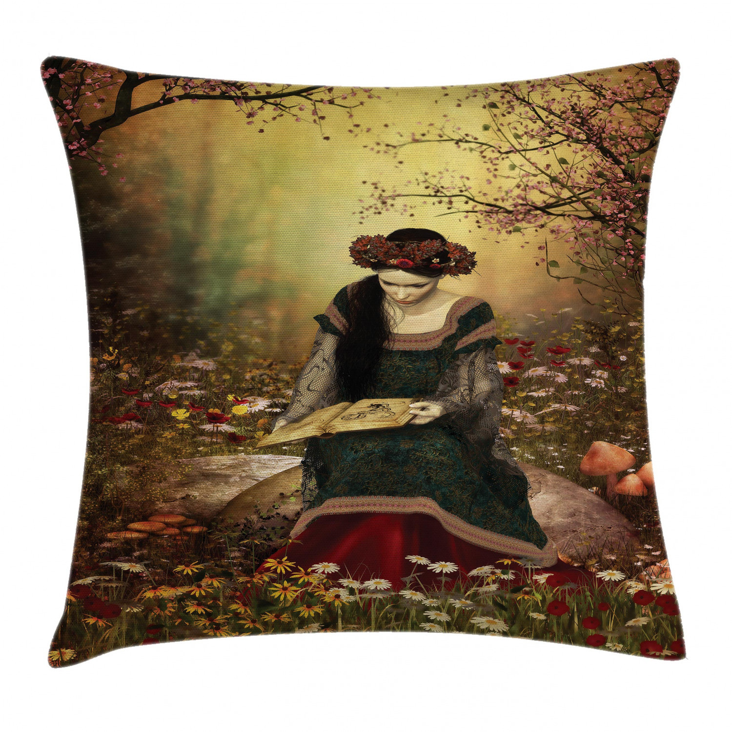 Medieval Lady with Book Square Throw Pillow Cover 18 Inch Decor Cushion