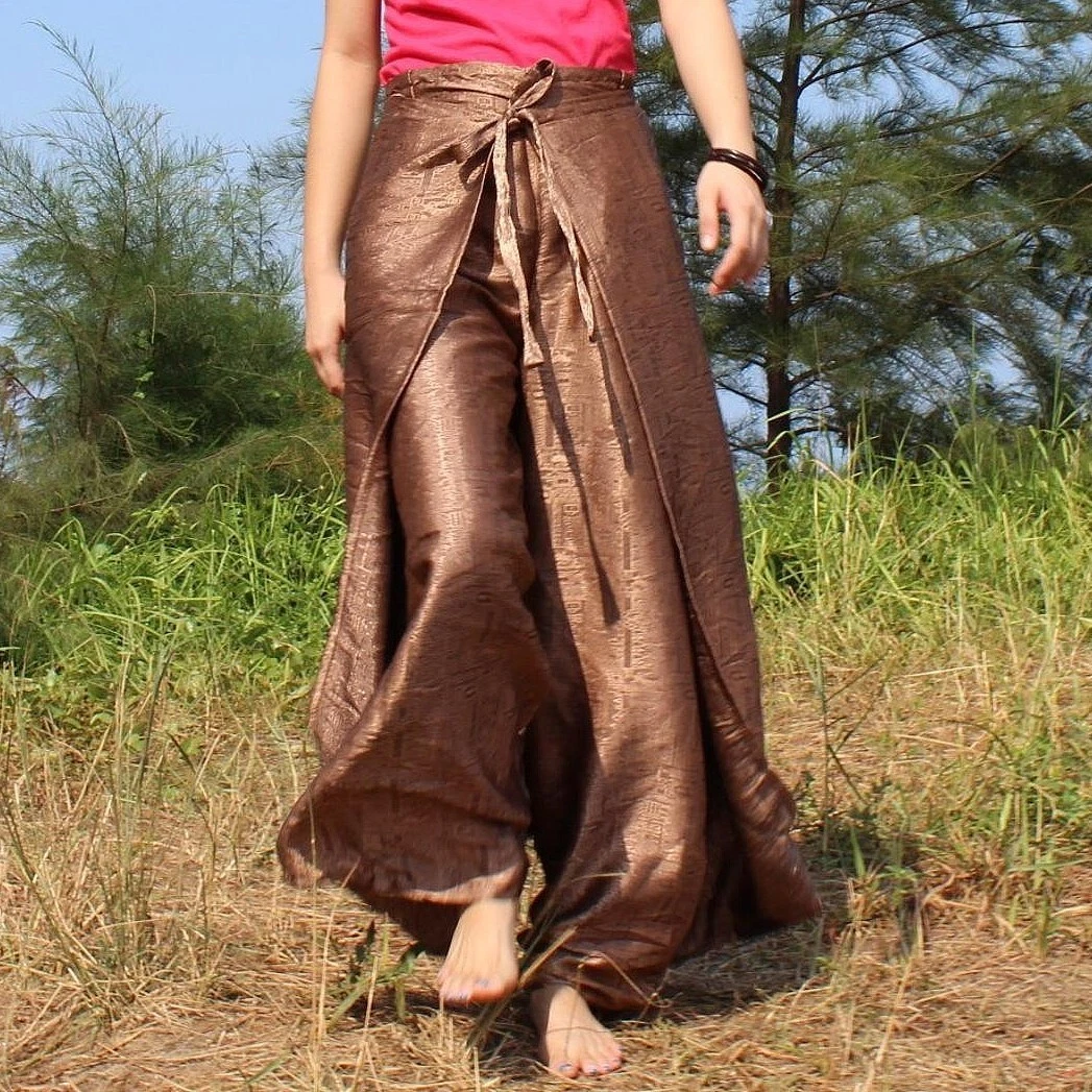 Women's Thai Silk Fisherman Pants Brown Palazzo Sarong Harem Yoga