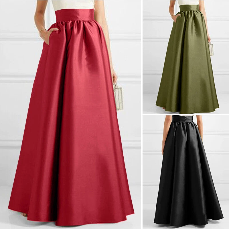 UK 8 24 Women Silky Satin Long Maxi Skirt Formal Prom Dresses A Line Swing Dress