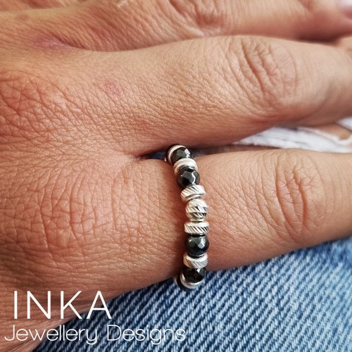 INKA 4mm Sterling Silber Stapel Stretch Ring Daumenring mit Hämatit Perlen - Bild 3 von 6