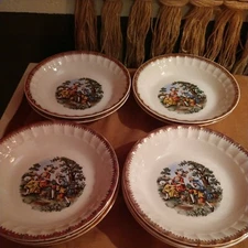 Vintage Set Of 8 Cronin China  Soup Bowls Dancing Colonial Couple 7.5"