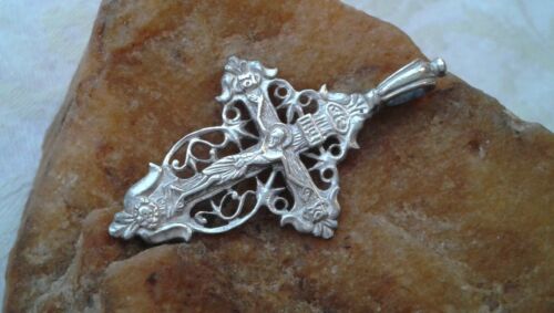 VINTAGE SOLID STERLING SILVER ORTHODOX FINE OPENWORK CRUCIFIX "I AM THE VINE" - Picture 6 of 15