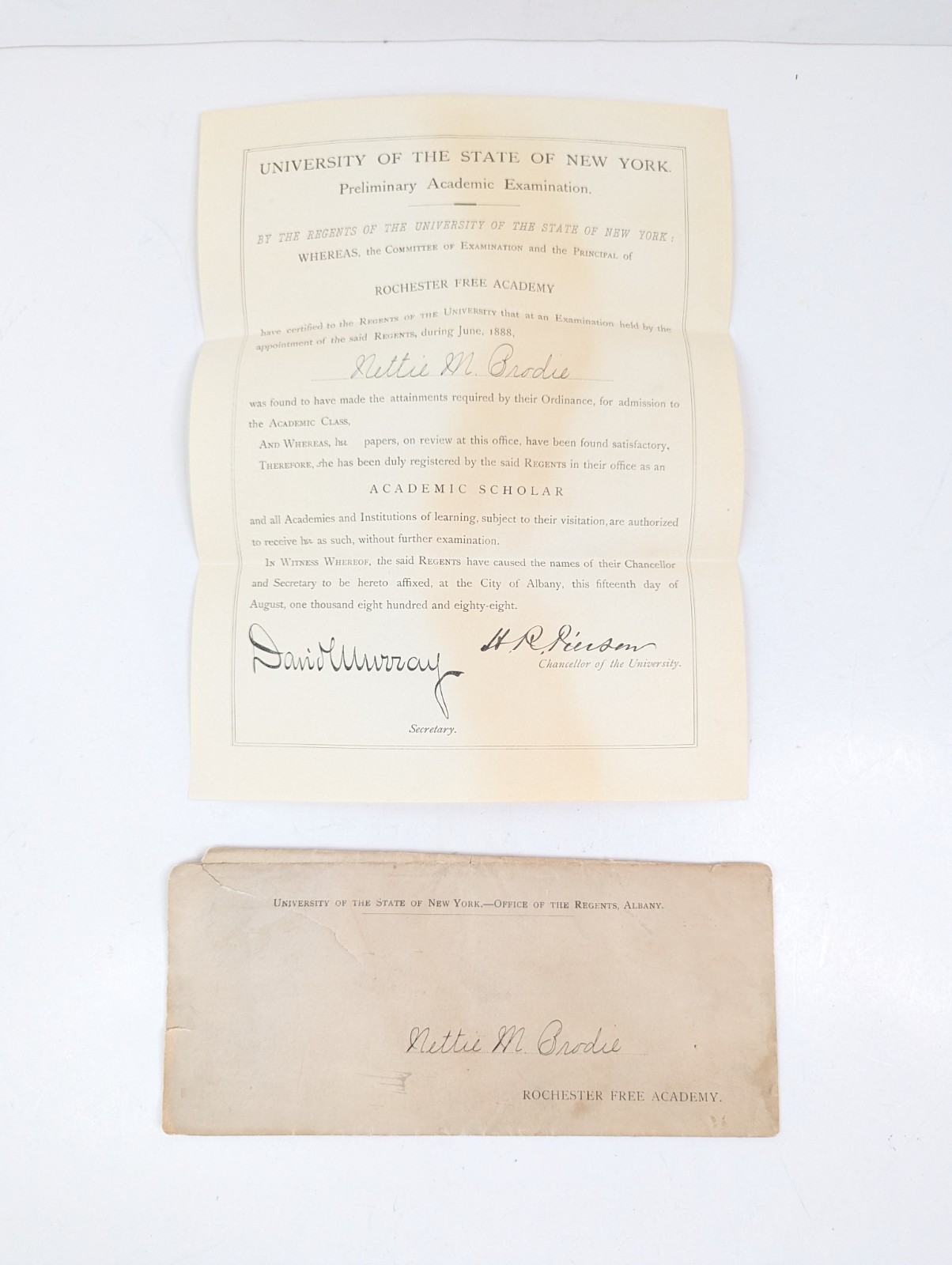 Univ of new york certificate of academic scholarship letter, 1888 emphram antiq