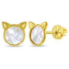 14k Yellow Gold Mother Pearl Kitty Cat Screw Back Earrings for Young Girls