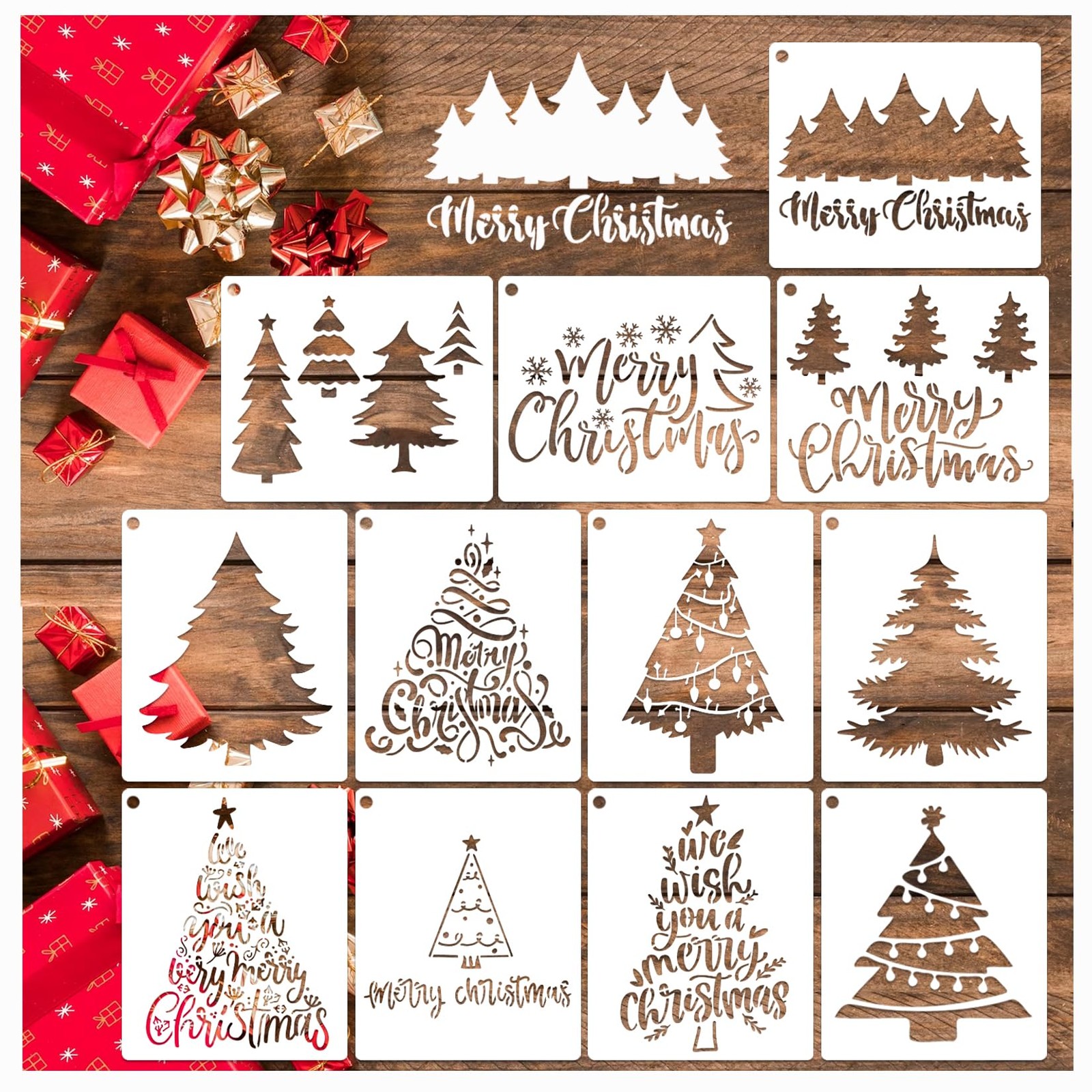 12 PCS 6x5 inch Christmas Tree Stencils for Painting Reusable Holiday Craft
