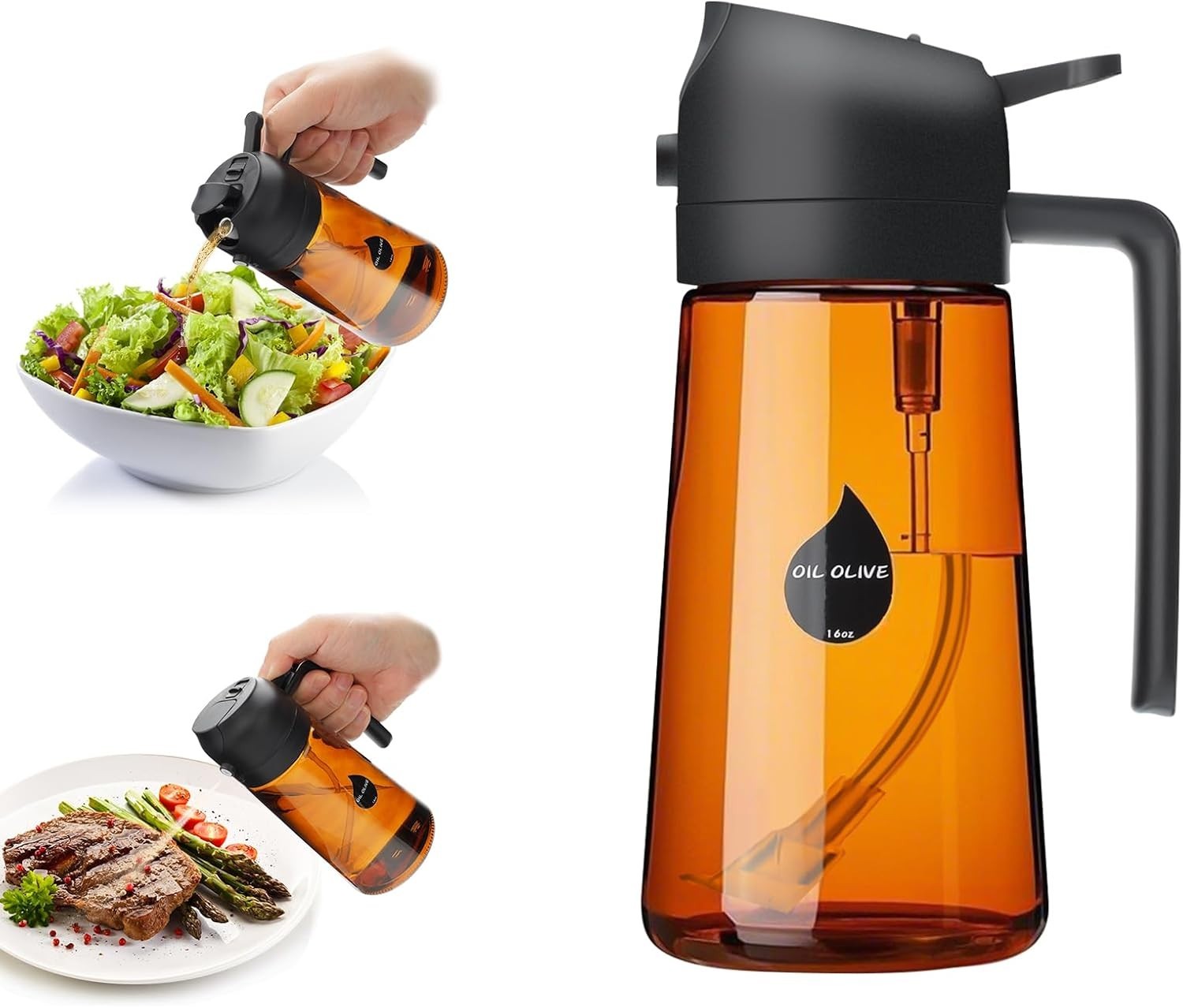 2-in-1 Oil Sprayer Bottle, 470ml Dark Amber Glass Brown Bott
