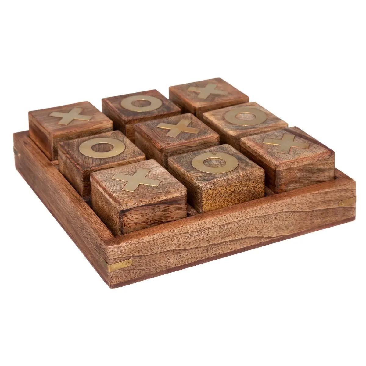 Jeu de Morpion Bois d'Acacia Marron 23cm pour Soirée Café et Salon