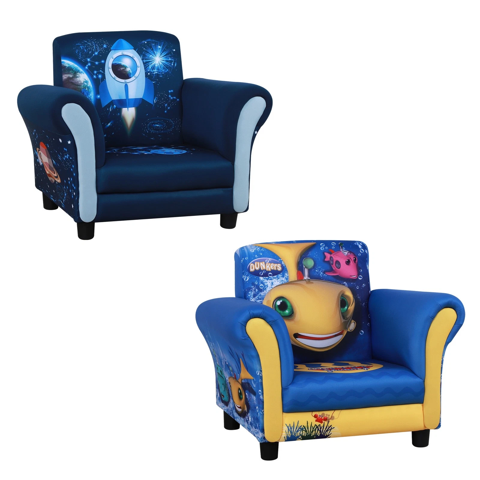 Kids Sofa Children Armchair Seat Space Rocket Chair Wood Frame 3-6 Yrs Blue