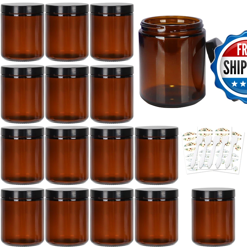 Cehomi 8 Oz Amber Glass Jars Lids 15 Pack Empty Glass Storage Containers For