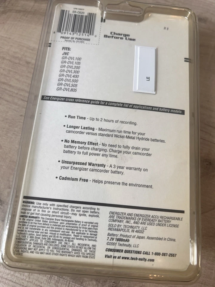 Energizer ER-C620 Rechargeable Camcorder Digital Vtg Camera Battery JVC New - Изображение 3 из 4