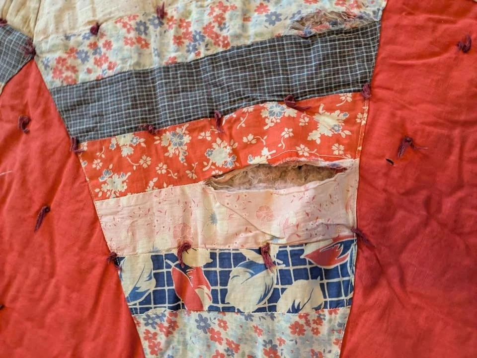 Antique Red Handmade Hand Sewn and Tied Star Quilt 85x75 Full Size Blanket - Image 3 of 4