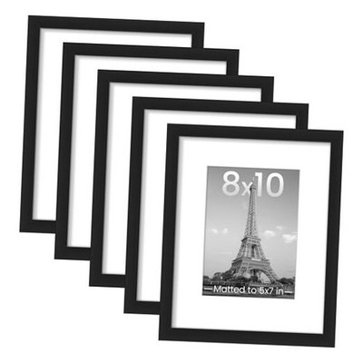  Picture Frame Set of 5, Display Pictures 5x7 with Mat or 8 x 10 8x10 Black