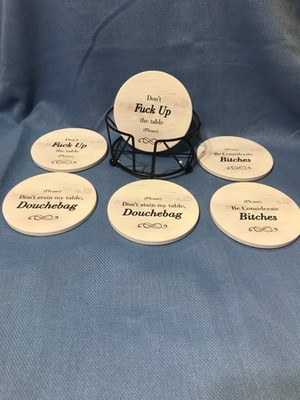 New (6) Stone Coaster Set, with Holder,Funny Sayings by Ultimate hostess