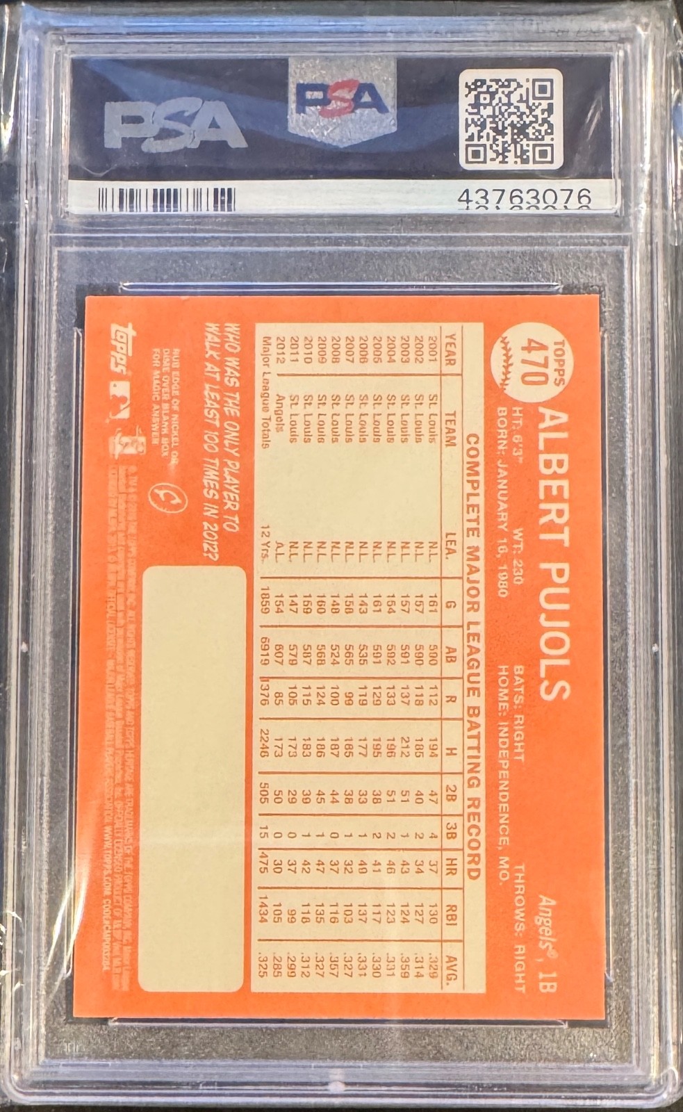Albert Pujols 2013 Topps Heritage  #470 Running Image Variation PSA 10   Pop 17 view 2