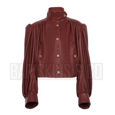 Cropped Leather Jacket Womens Burgundy Moto Style Puff Sleeve Real Lambskin Chic