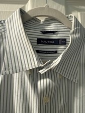 Nautica Shirt Mens 2XL Blue Green Stripe 100 Cotton Button Long Sleeve Pocket