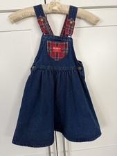 Vintage Oshkosh Girls Sz 6 Denim Jean Jumper Dress Red Plaid Floral Bow USA Made