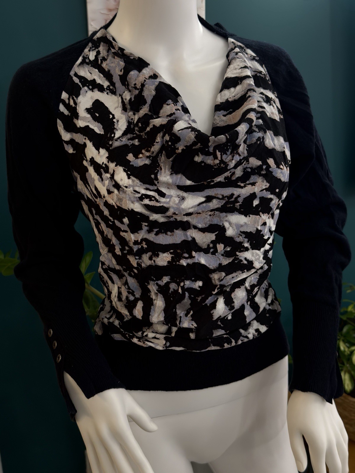 Mint Velvet Size S Black Abstract Print Cowl Neck Cashmere Blend ...