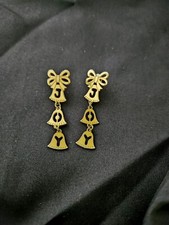 Vintage Gold Tone Bow  Joy Dangle Christmas Earrings, Pierced, Post Back, V114