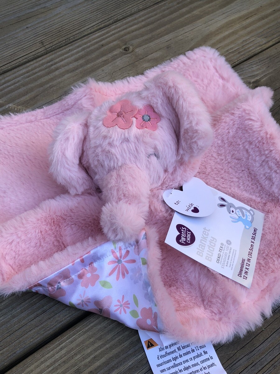 Parents Choice Pink Elephant Security Blanket Satin Flowers
