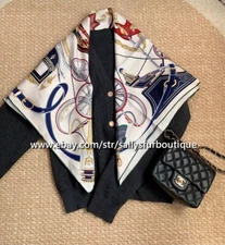 Sally Boutique 14~18 Momme Twill Silk Wrap Scarf Carriage Print Square Shawl 35"