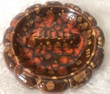 Vintage 70's Handmade Ceramic Ashtray Orange Brown Pottery Glaze 12”