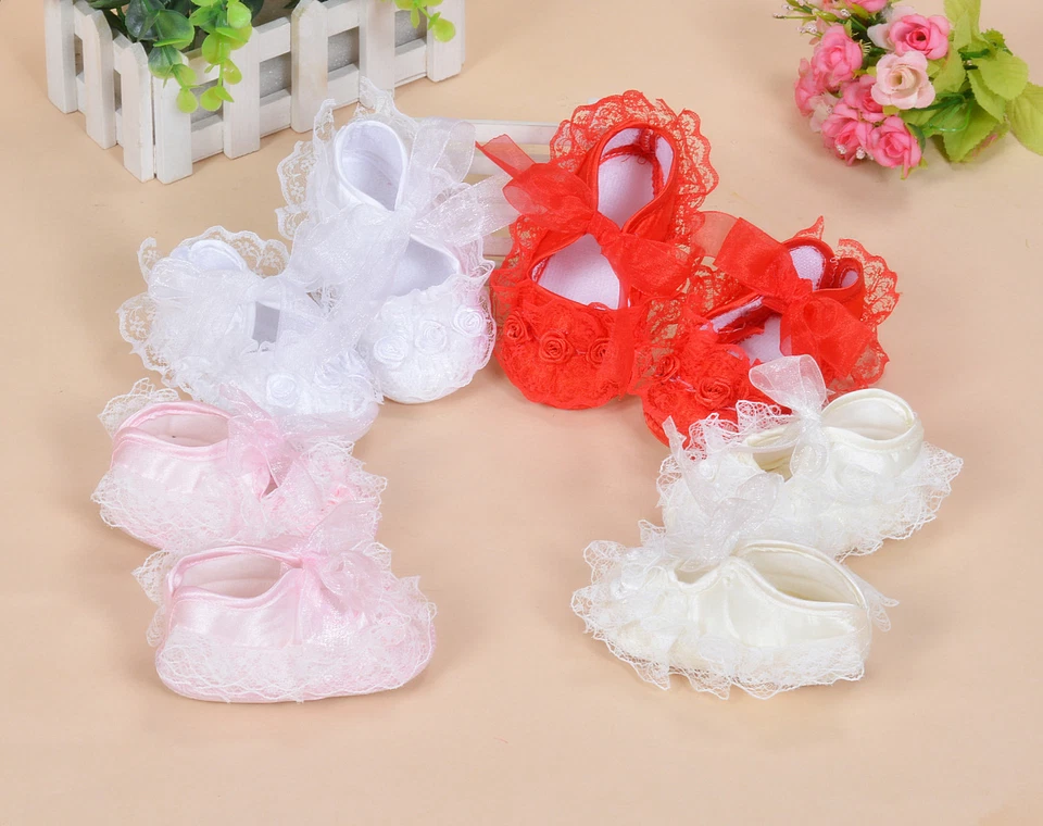 Baby Mädchen Satin Taufschuhe rosa rot weiß elfenbeingelb 0 3 6 9 Monate