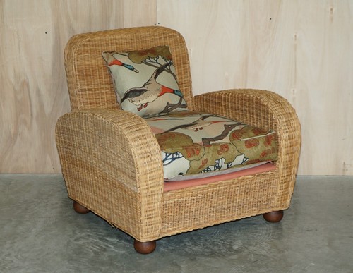 PAIR OF ART DECO STYLE WICKER CLUB ARMCHAIRS WITH MULBERRY FLYING DUCKS CUSHIONS - Picture 2 of 12