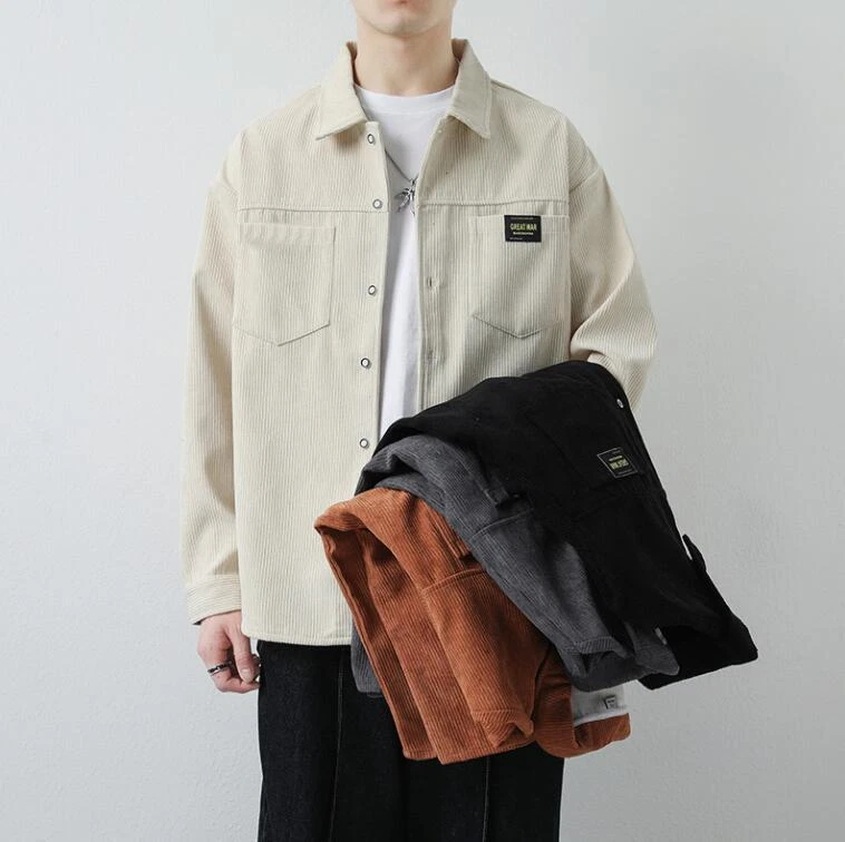 Men casual corduroy shirt loose shirt coat turndown collar shirt jacket cheap