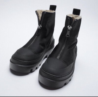 ZARA ZIPPERED SZ 10 Chunky PLATFORM ANKLE BOOTS BLACK Fur Lined