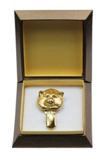 Akita Inu - gold covered clipring with dog, in box, Art Dog USA