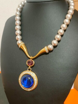 Vintage Yves Saint Laurent Blue Cabochon Silver Pearl Bead