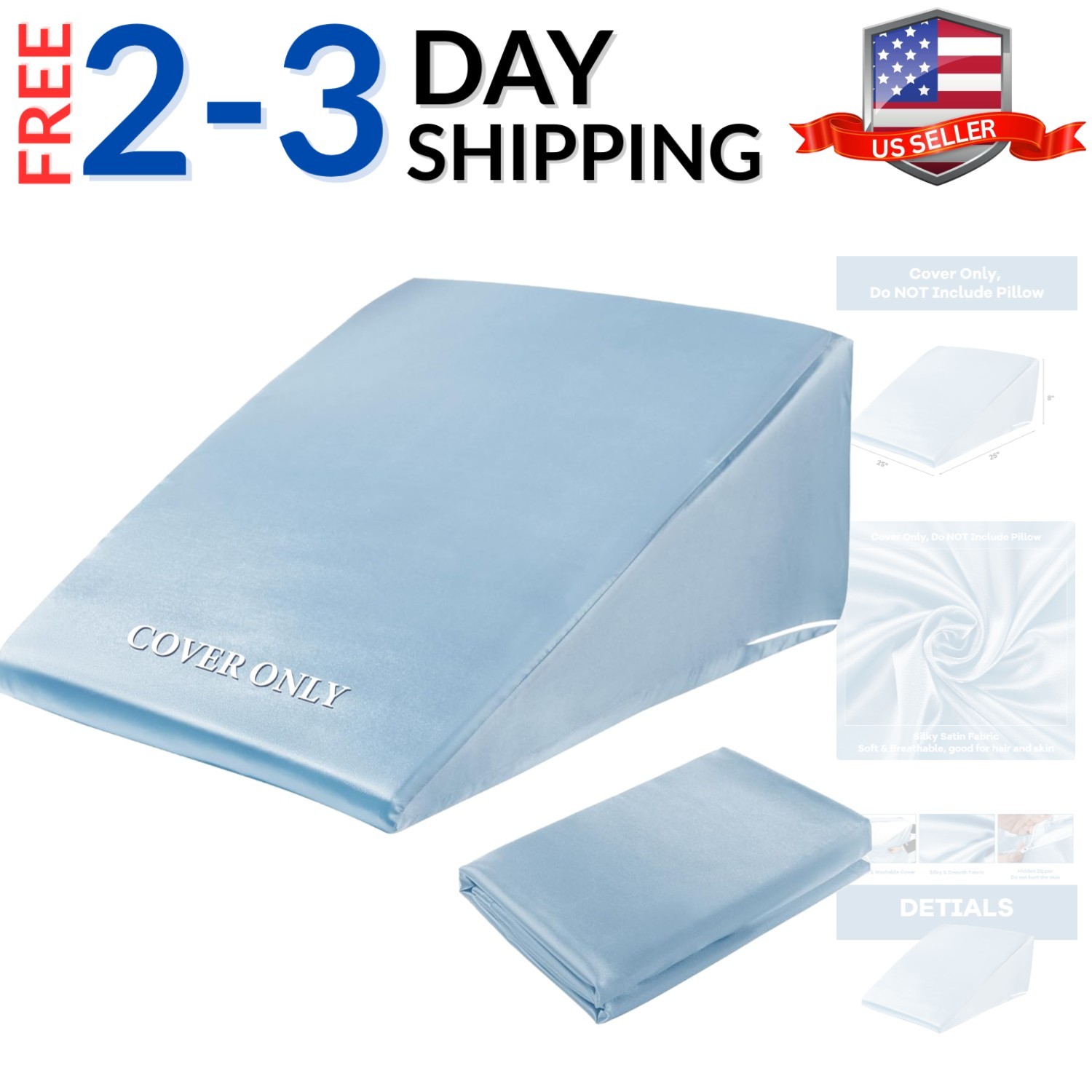 Satin Bed Wedge Pillow Cover Silky & Smooth Wedge Pillowcase 1 Pack 24x24x8, ...
