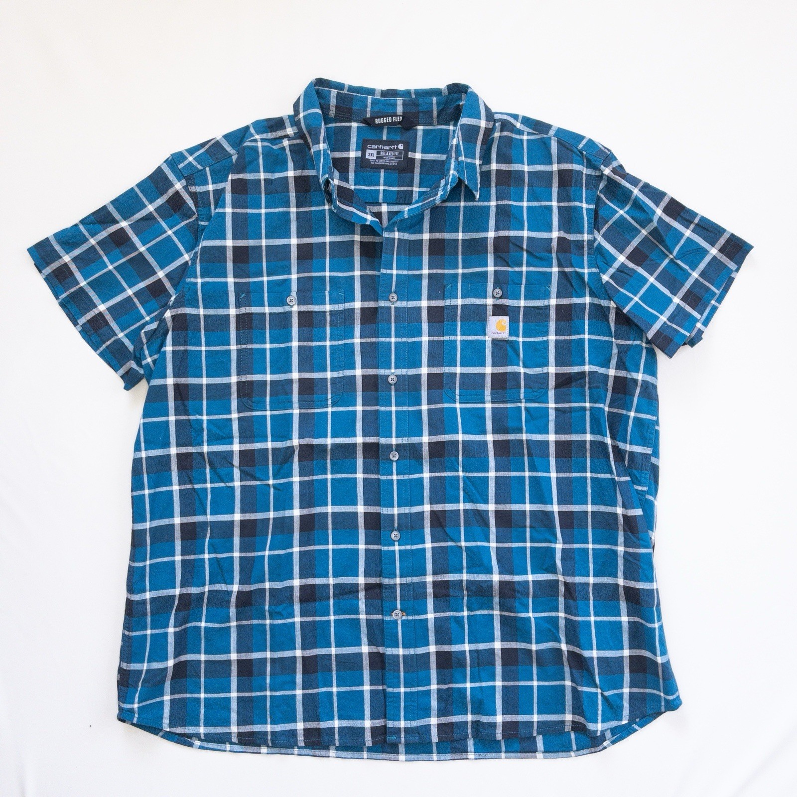 Carhartt Rugged Flex Shirt Blue XXL Relaxed Fit Lightweight Short Sleeve Plaid