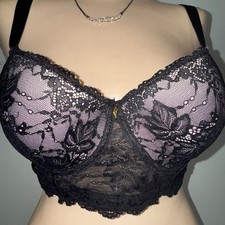 Fredericks Of Hollywood Bra 38C Black Lace Over Pink Satin Underwire Padded