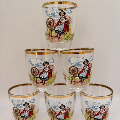 1960s Welsh Shot Glasses Set of 6 Spinning Wheel Girl Vintage Barware