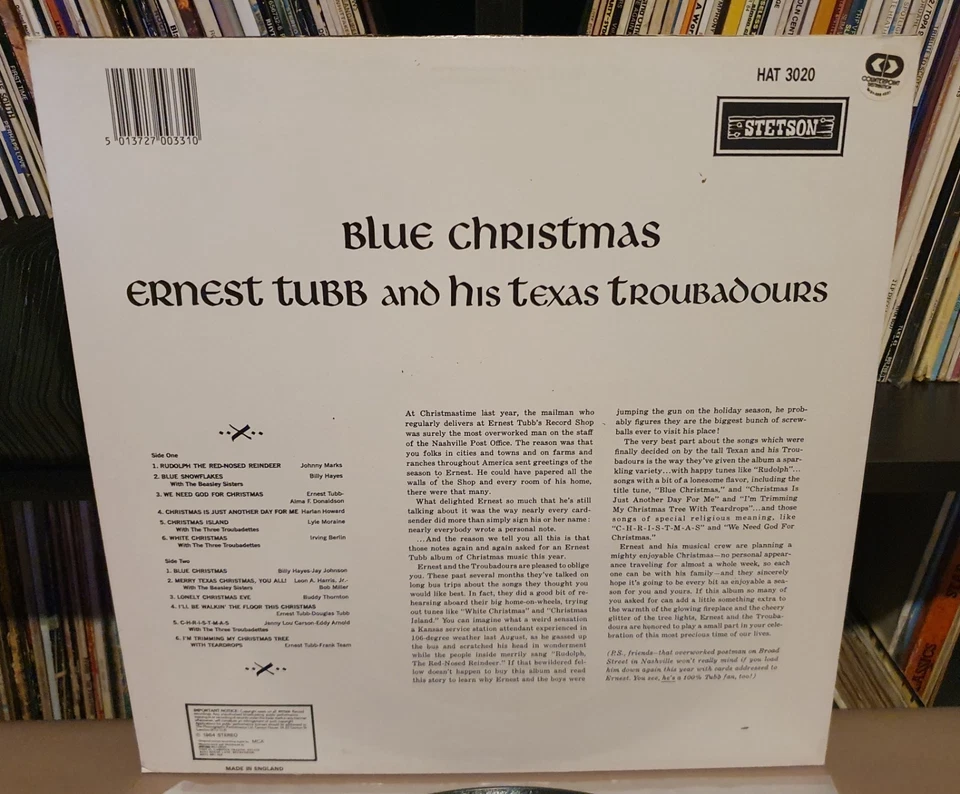 ERNEST TUBB & TEXAS TROUBADOURS Blue Christmas Vinyl L.P *UK A1/B1* HAT 3020 VG - Image 3 of 4
