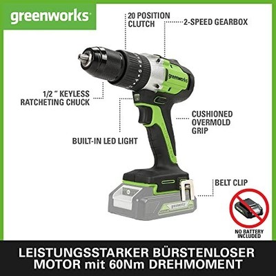 Greenworks GD24DD60X 24V Akku Bohrschrauber Hammer Drill SchlagBohrSchrauber