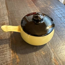 McCoy Pottery USA Yellow Individual Soup Server Bowl w/ Handle & Black Lid