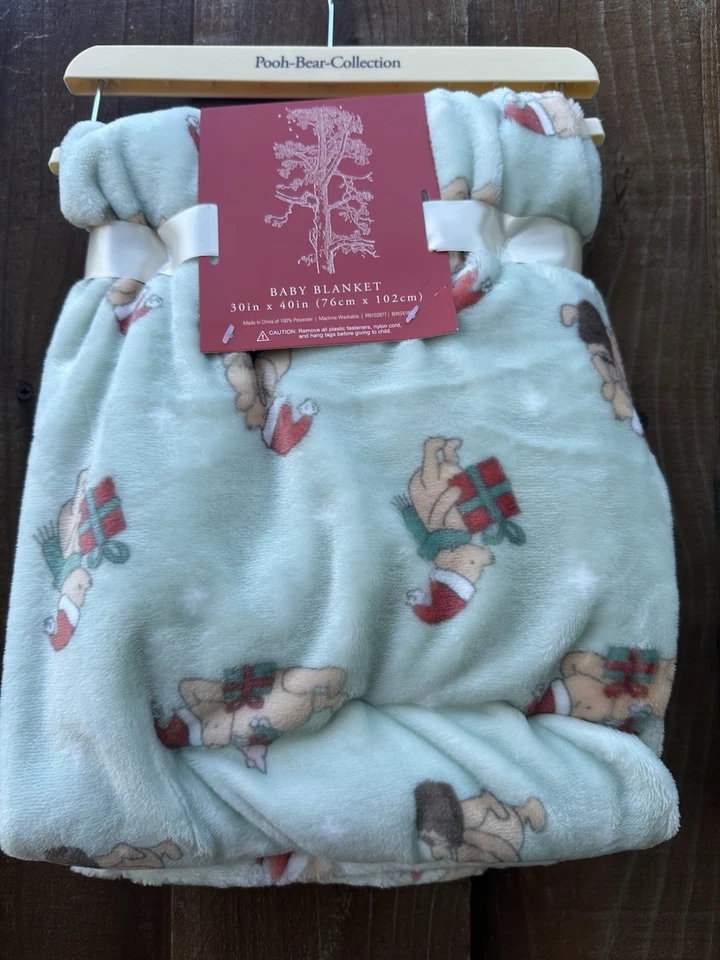 NEW Pooh Bear Collection Green Baby Blanket Christmas Themed Presents - Image 2 of 2