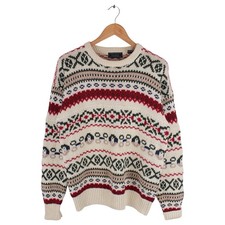 Vintage Nordic Fair Isle Knit Sweater Cream Red Green Men  s Size Medium