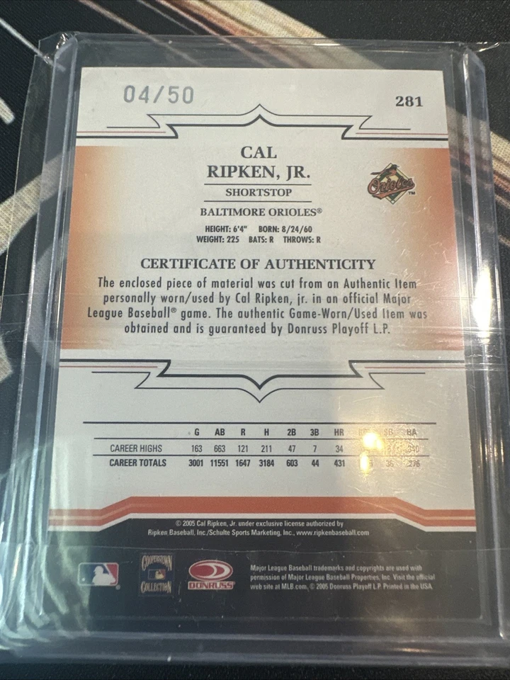 Cal Ripken Jr 2005 Donruss Throwback Threads Game Jersey Patch #/50 Sp Orioles - Image 2 of 2