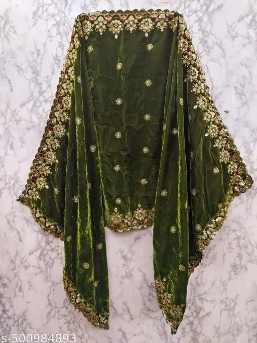 Green Heavy Embroidery Velvet Dupatta For Bride And Women 2.3 Mtr  - Image 3 of 3