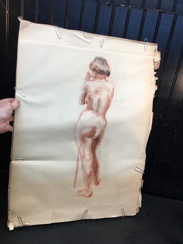 Vtg Charcoal Red Pencil Art DRAWING SKETCH Portrait Nude Woman Standing 22x17in - Picture 4 of 4