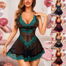 Women Sexy Lace Mesh Dress Lingerie Sleepwear Nightdress Nightie Babydoll Gown