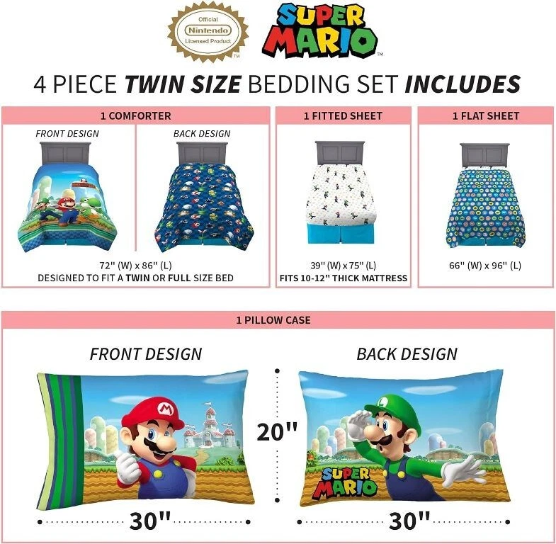 NINTENDO Super Mario kinderbeddengoed omkeerbaar motief - kussensloop 80x80 dekbedovertrek 135x200 cm - 100% katoen - nieuw