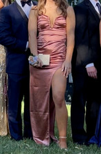 Windsor Jessa High Slit Rose Gold Satin Medium Ruched Bodycon Dress Prom Wedding