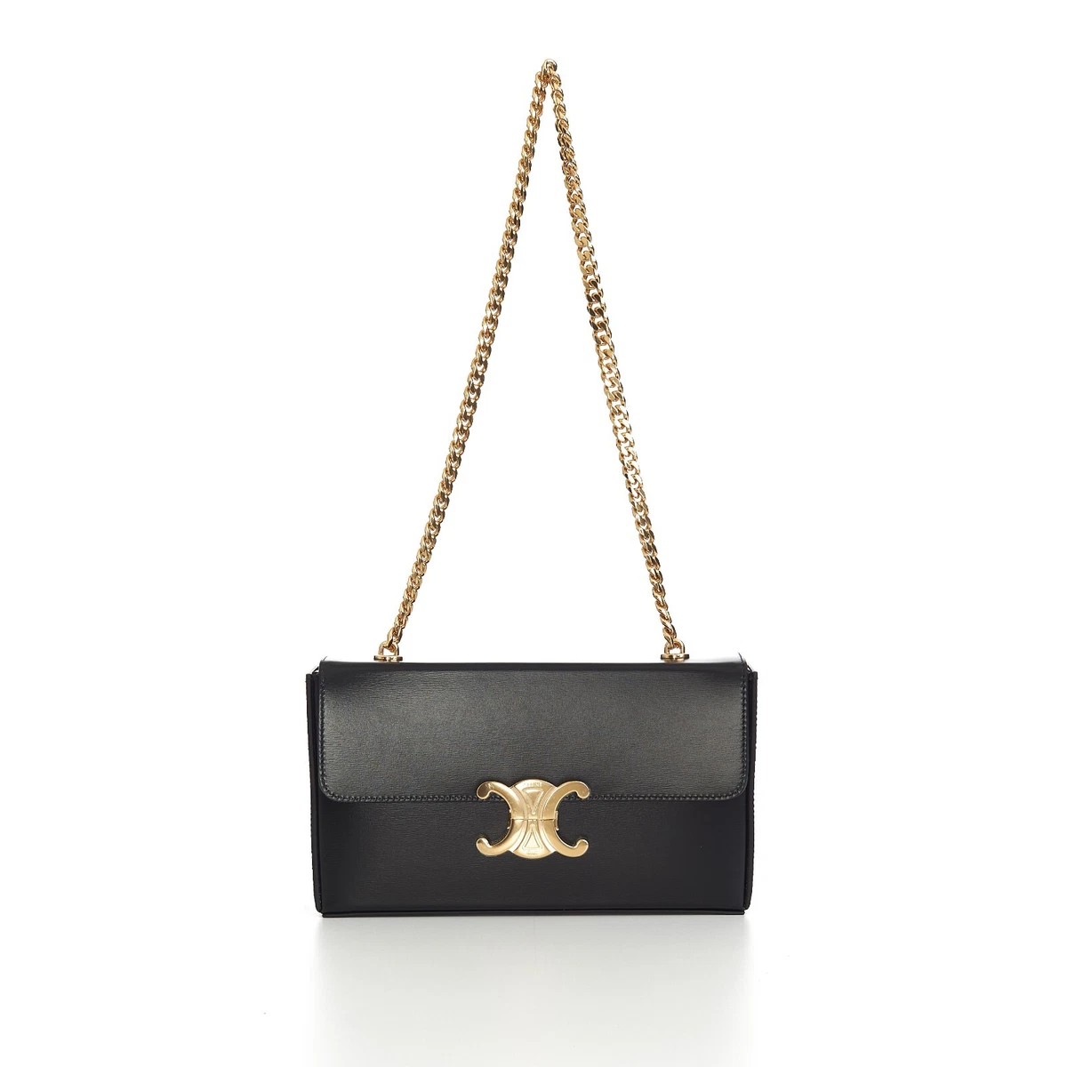 Celine Triomphe Shoulder Bag Black in Shiny Calfskin Leather with