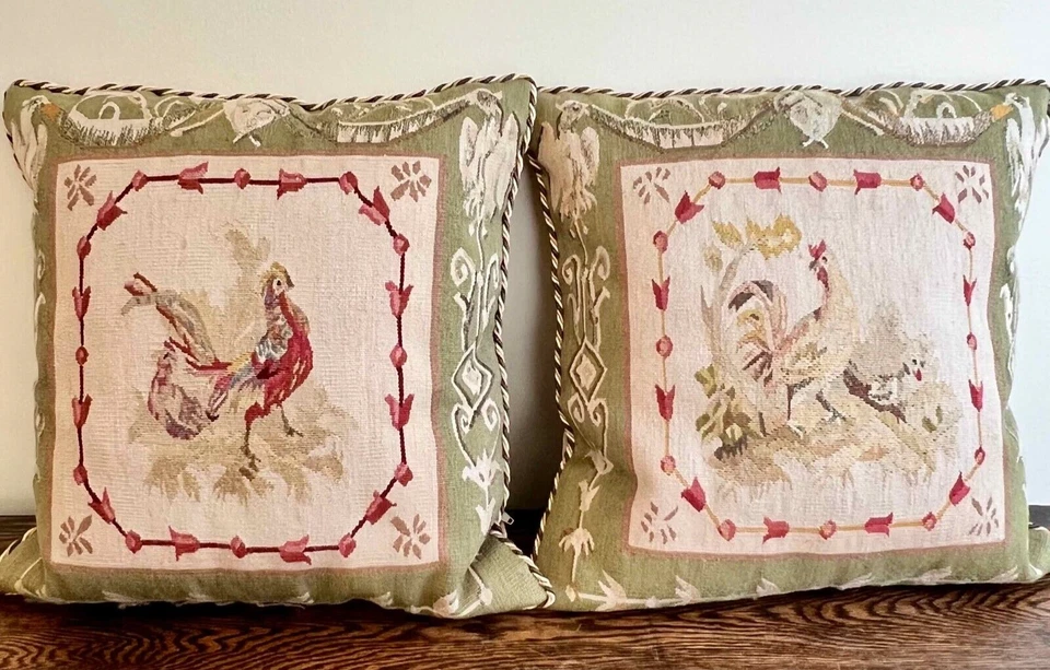 Pair of  Authentic Aubusson Tapestry Rooster Pillows Birds French Country 16" - Image 2 of 4